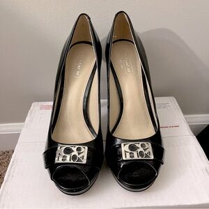 COACH Black patent leather open toe high heels with silver buckle detail